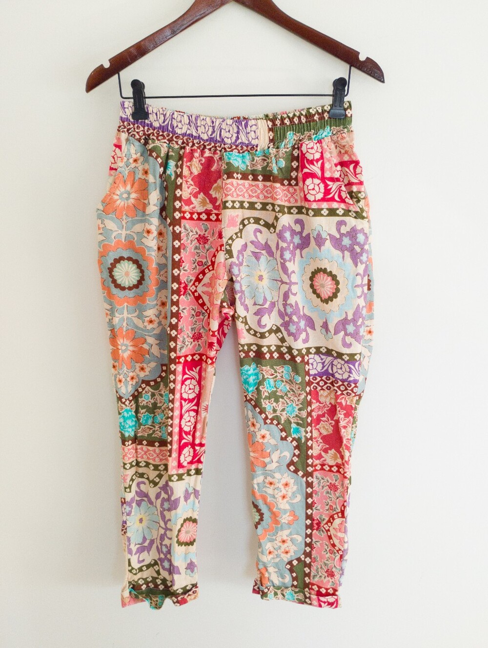 Le Nove Made in Italy Patchwork Floral Print Elastic Waist Pants Lagenlook